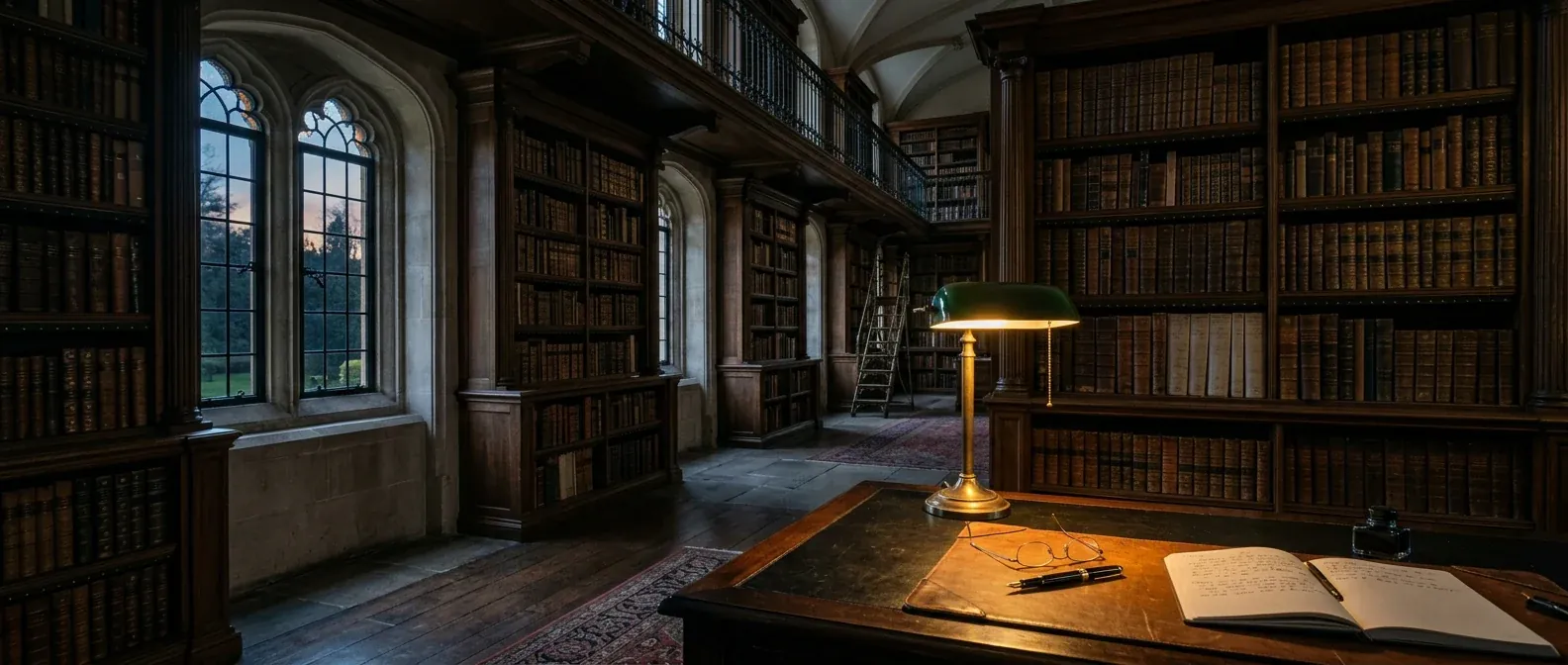 Bibliothèque boisée avec un bureau éclairé par une lampe