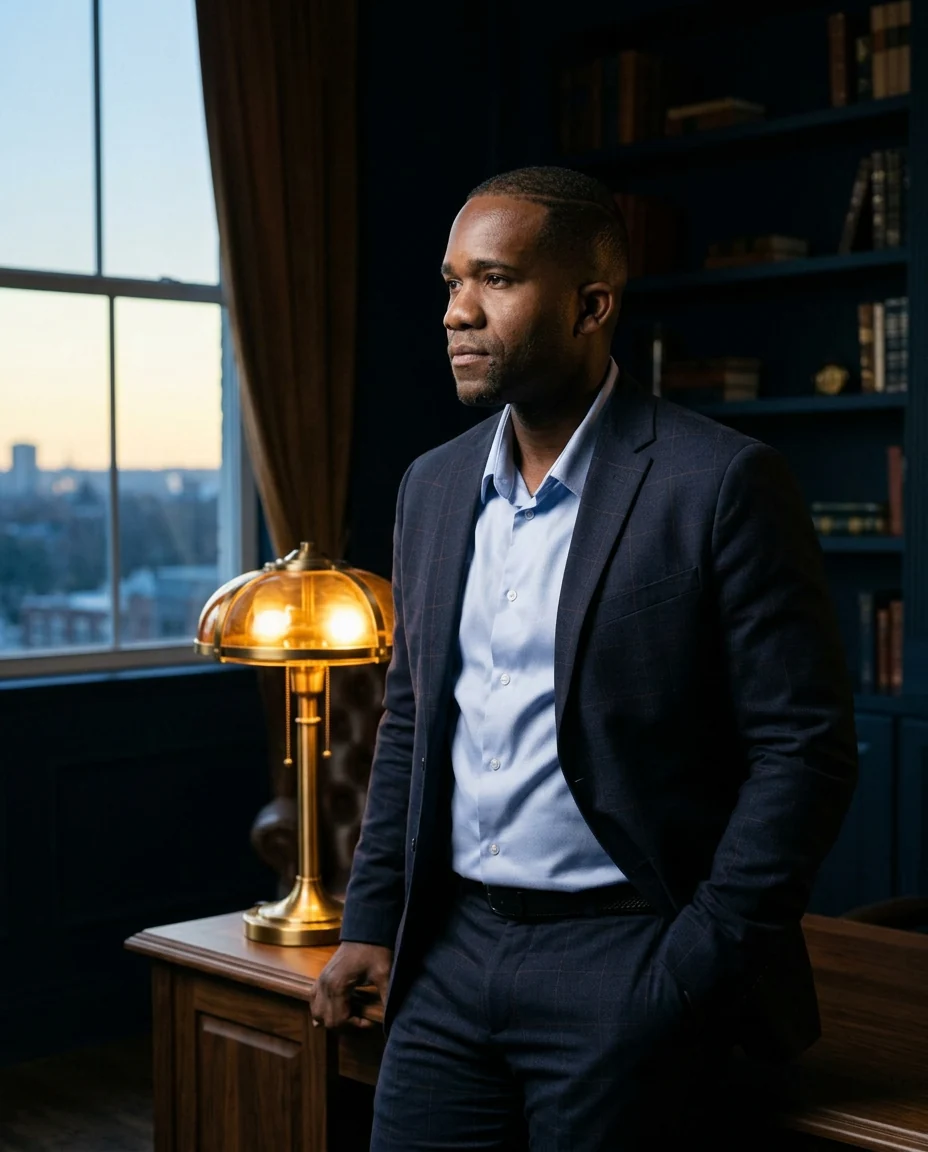 Indépendant TNS regardant par la fenêtre, vue ville au crépuscule, lampe d'atelier dorée, moment de réflexion stratégique sur sa retraite et sa protection sociale