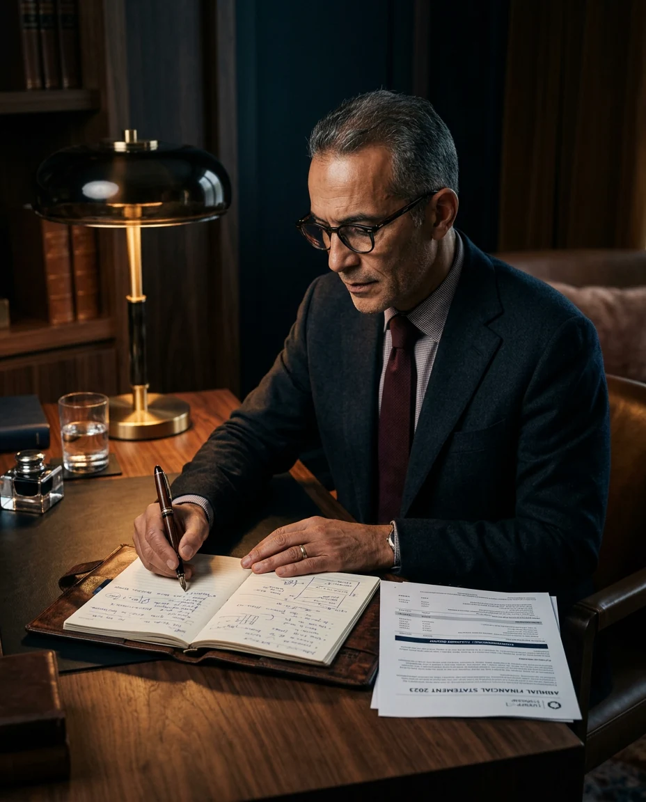 Optimisation fiscale TNS, conseiller patrimonial écrivant à son bureau avec stylo plume, lampe d'atelier dorée, atmosphère feutrée