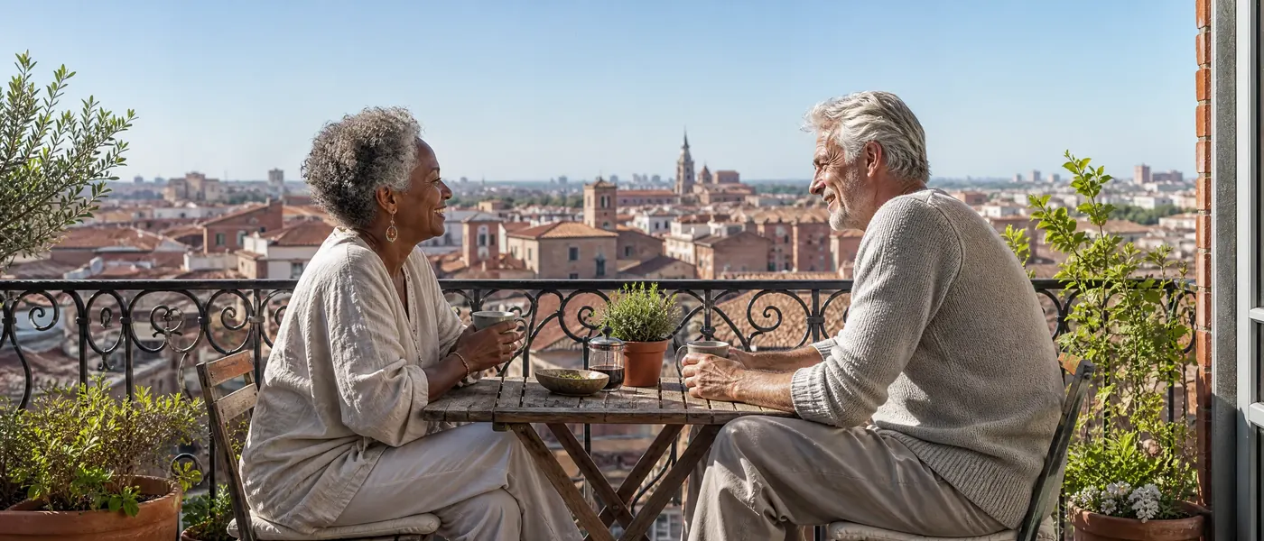 Couple de retraités prenant un café sur un balcon ensoleillé avec vue sur les toits de Toulouse