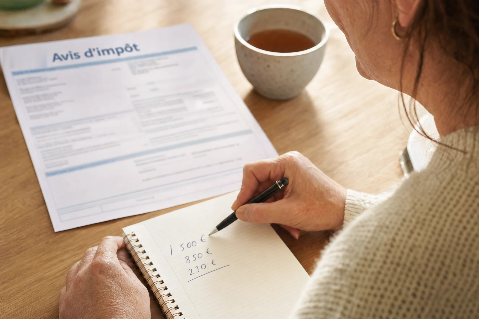 Femme notant l'économie d'impôt de son versement PER à côté de son avis d'impôt
