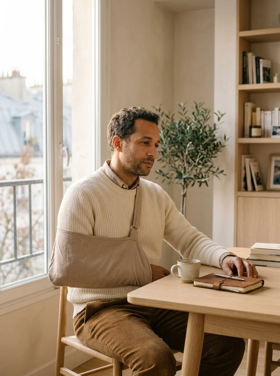 Homme au bras en écharpe assis à une table pendant son arrêt de travail