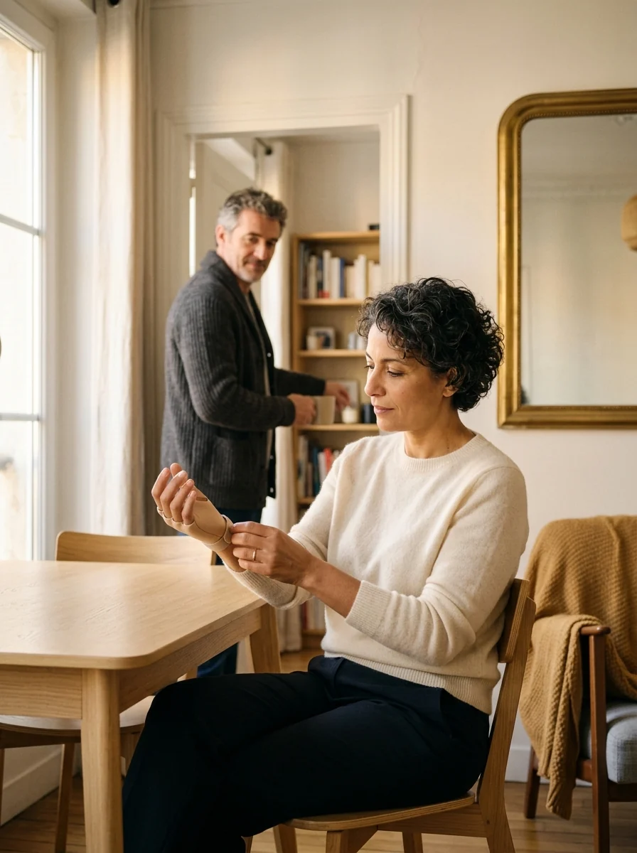 Femme assise à table se tenant le poignet, un homme en arrière-plan