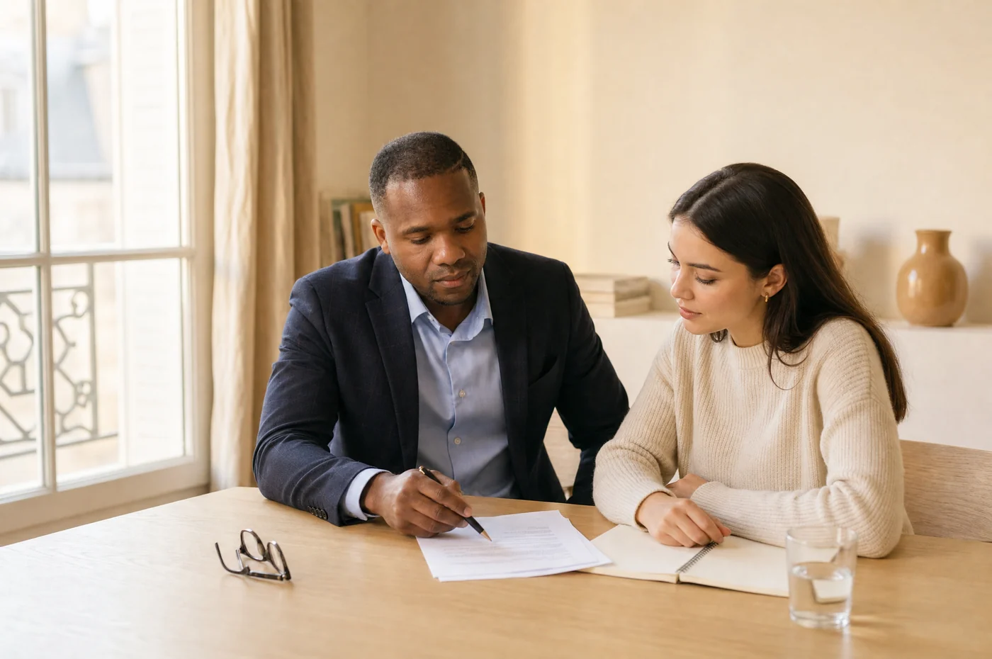 Conseiller patrimonial présente un document à un couple de clients libéraux dans un cadre boisé feutré, accompagnement personnalisé pour médecins, avocats, architectes