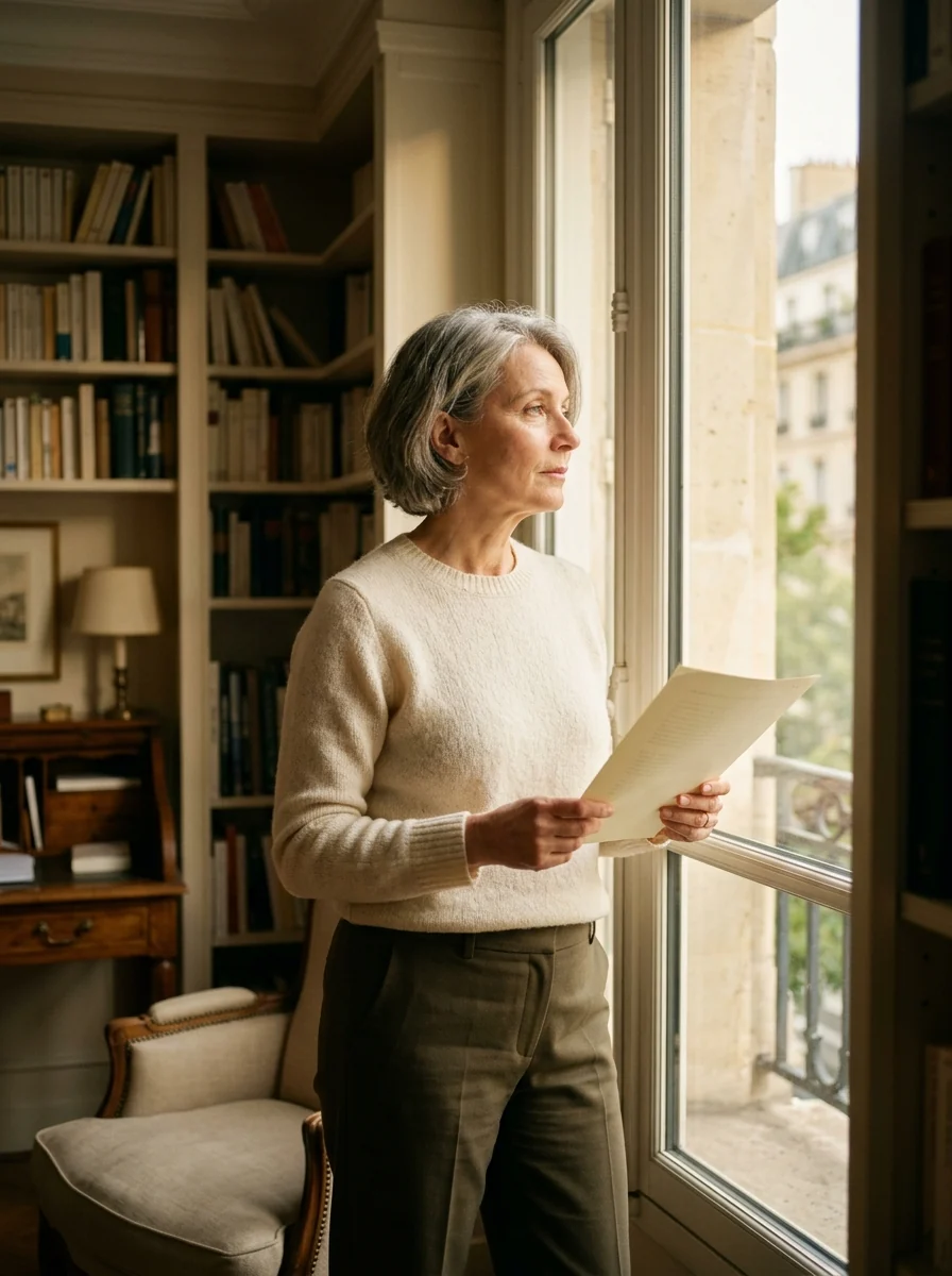 Femme lisant une lettre debout près d'une fenêtre