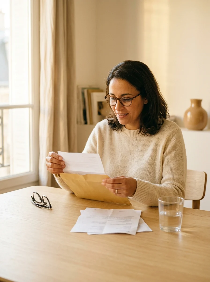 Femme à lunettes ouvrant une enveloppe à la table de la salle à manger