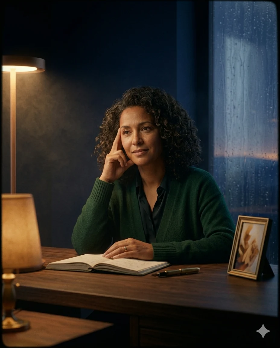 Femme pensive assise à un bureau, un carnet ouvert devant elle