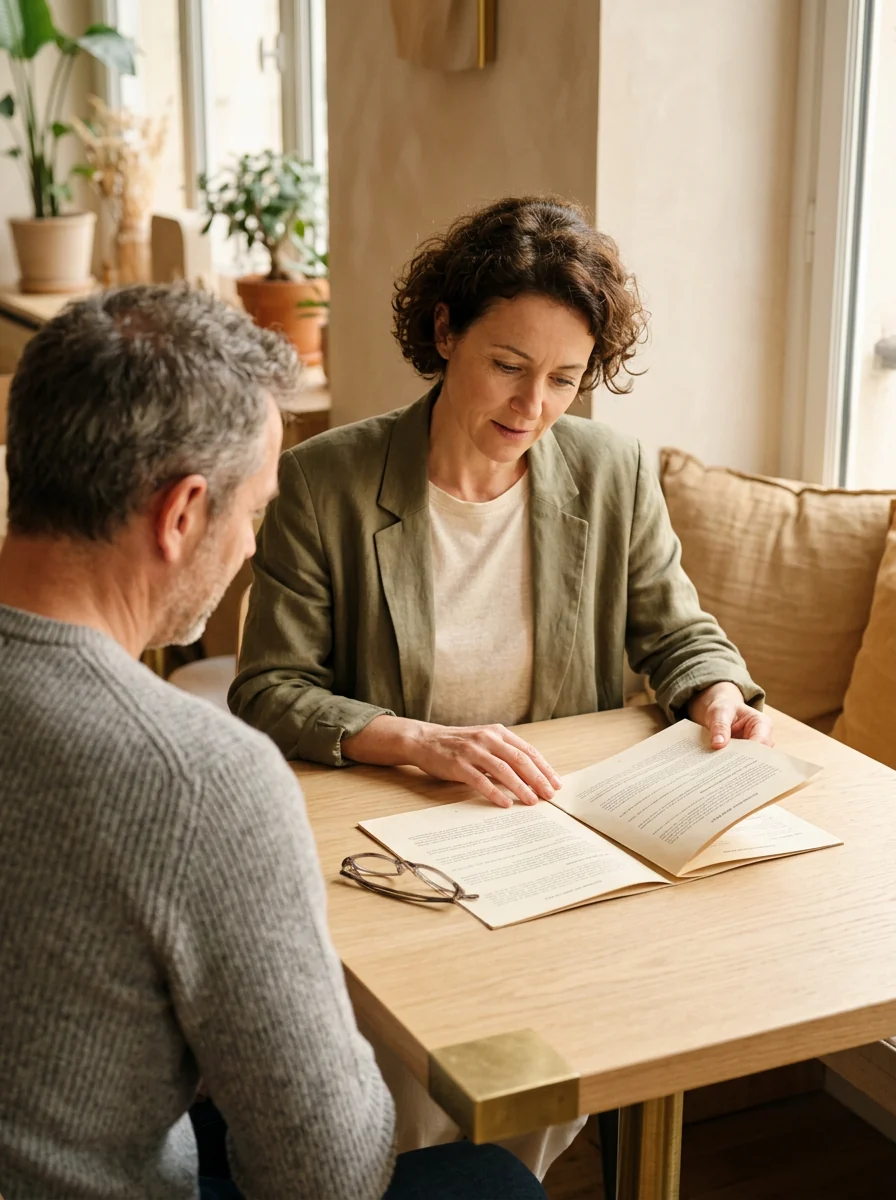 Femme présentant des documents à un homme lors d'un rendez-vous à domicile
