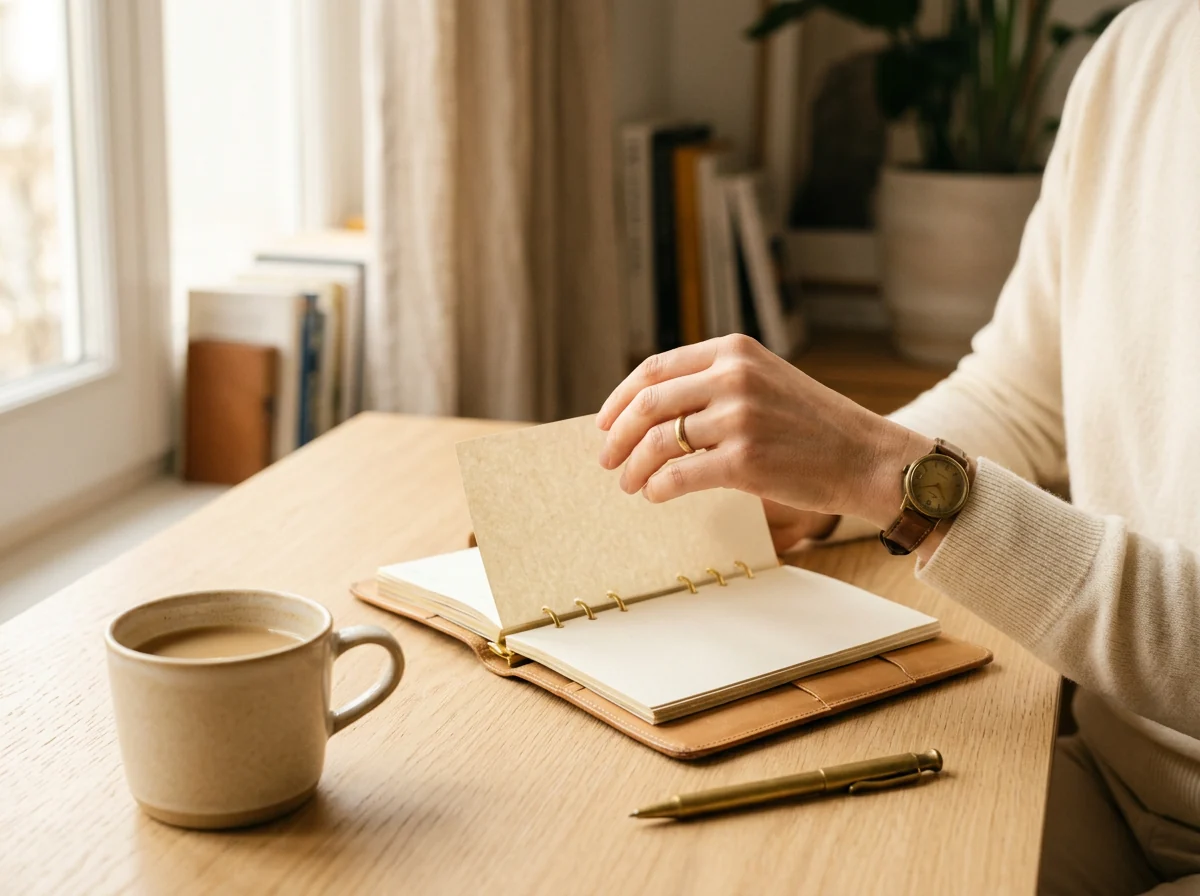 Main feuilletant un carnet à côté d'une tasse de café